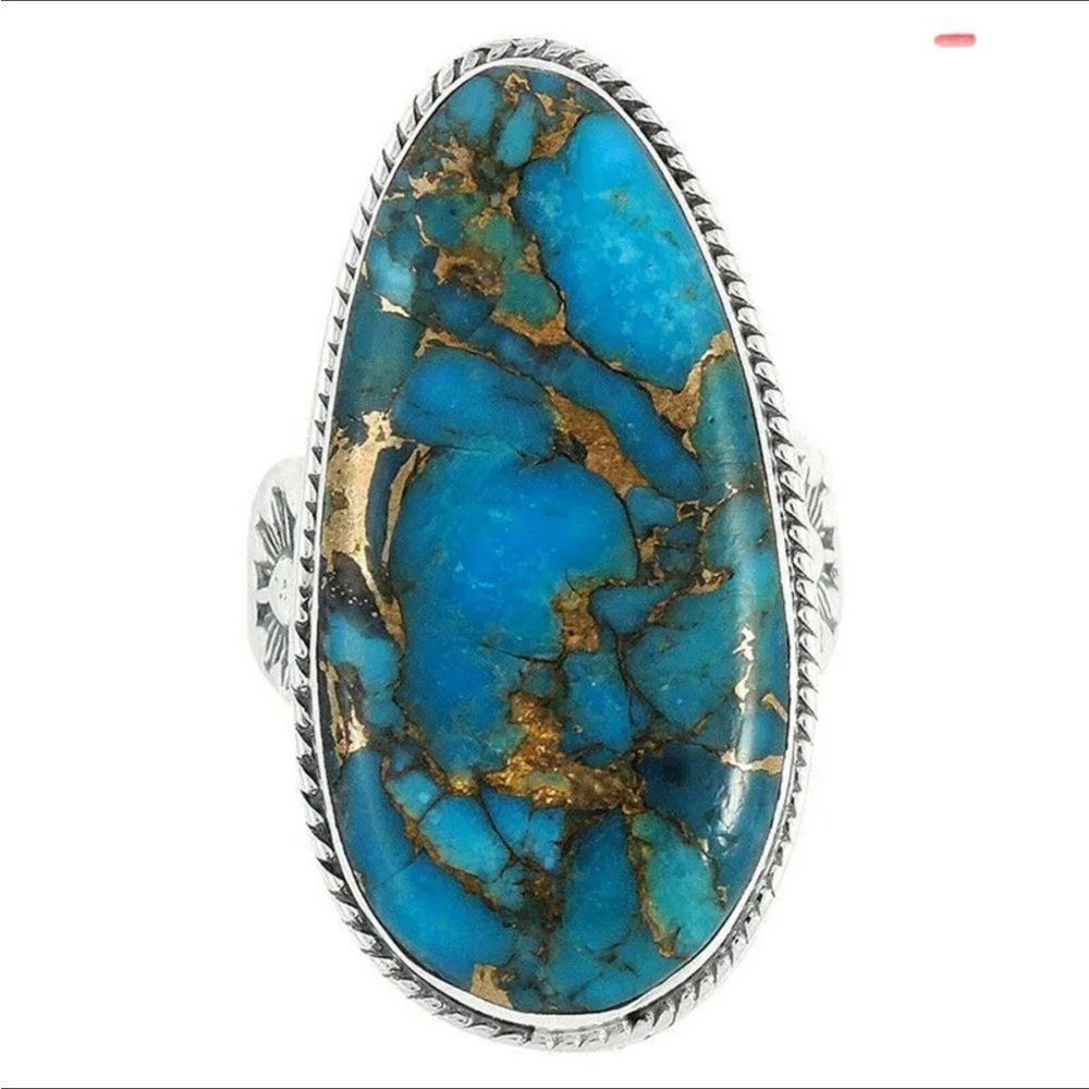 🌞925 Sterling Tibetan Silver Marquis cut Created Turquoise Cabochon Stone Ring - Picture 2 of 16